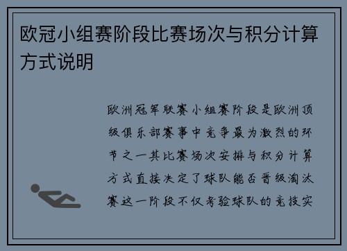 欧冠小组赛阶段比赛场次与积分计算方式说明